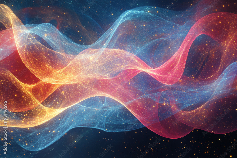Poster Abstract cosmic waves with colorful light trails and glowing particles in space