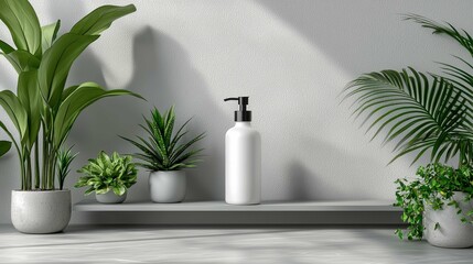 A minimalist display of a white skincare bottle with a pump surrounded by green plants, showcasing a clean and modern aesthetic.