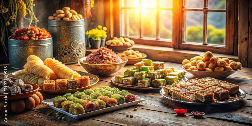 Poster a delightful assortment of colorful sweets and pastries displayed on a rustic wooden table, bathed i