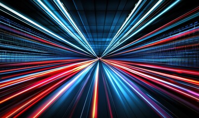 Fast light streaks in tunnel, speed motion blur, night city traffic, transportation background