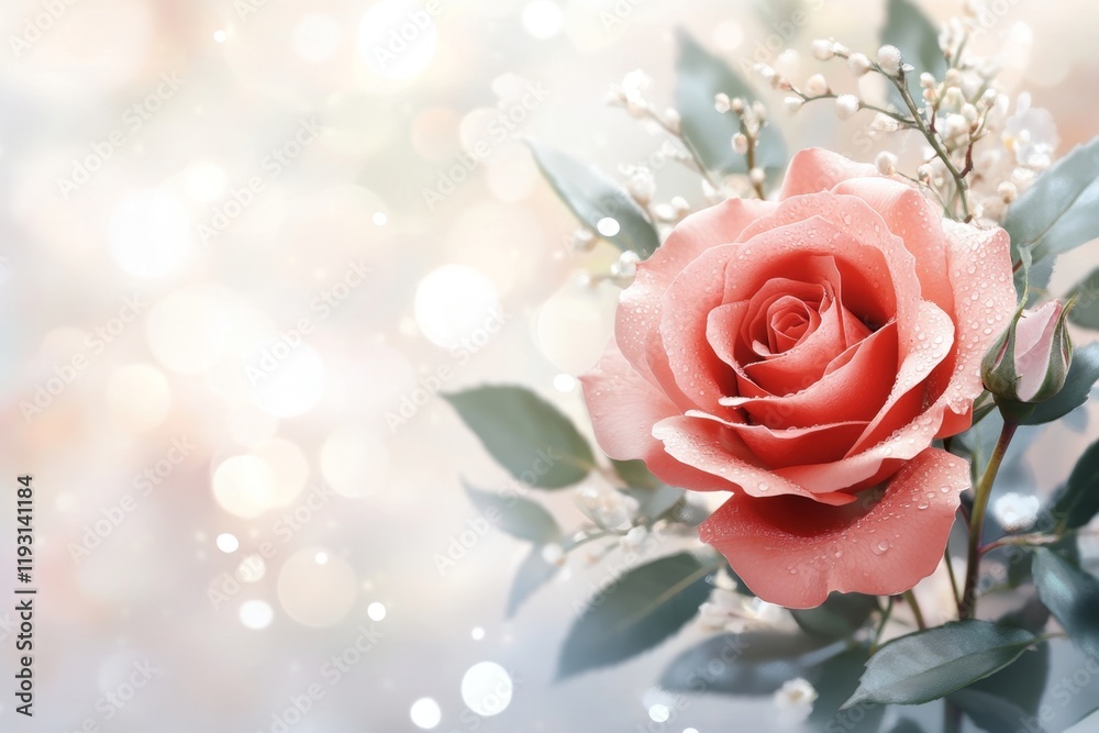 Poster a hyper-realistic close-up of a single red rose with dew drops glistening on its petals, set against