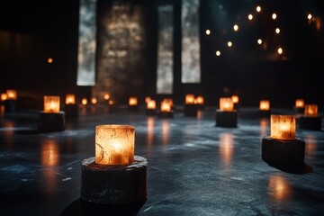 A dark, moody interior scene of Theatre Vltava stage during a mysterious play, with shadowy props and glowing candles creating an intense ambiance