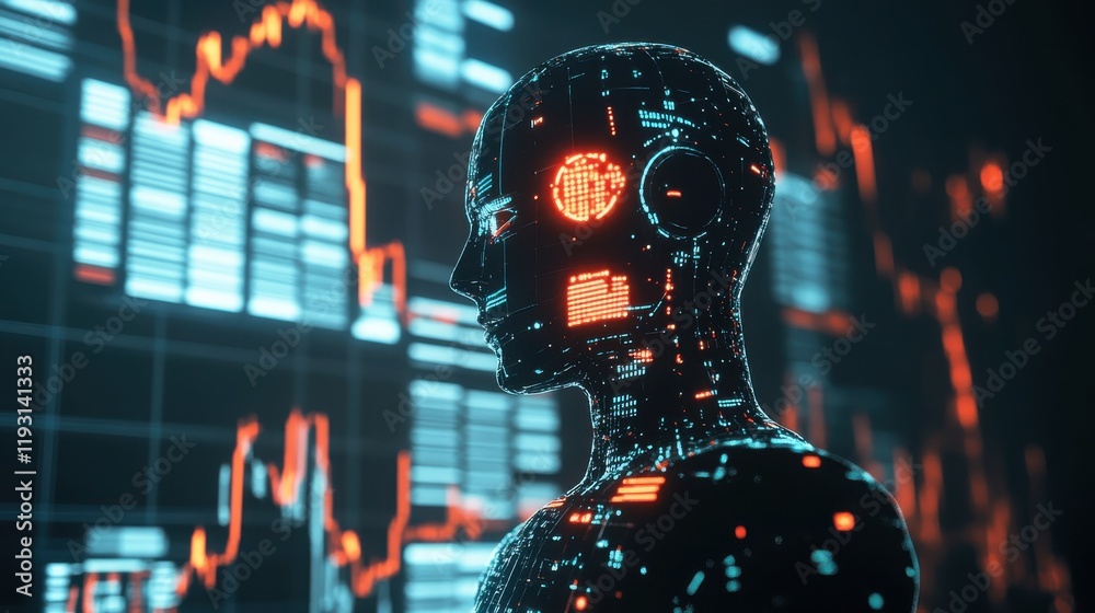 Poster modern robot silhouette integrated with digital financial tools and predictive market graphs