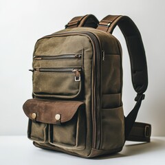 Naklejka premium Durable travel backpack featuring multiple zippered pockets on a clean surface