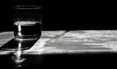 Glass of water on sunlit table in dark room, minimalist still life