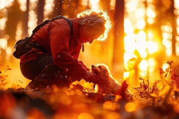 Middle aged woman saves dog from flames during intense forest fire rescue operation