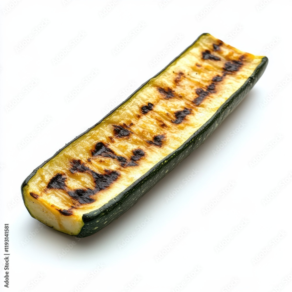 Poster Grilled zucchini slice with golden char marks showcases glossy texture on white background