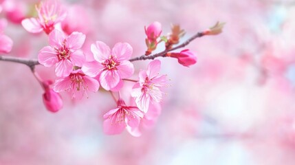 Fototapeta premium Delicate pink cherry blossoms bloom on delicate branches, set against a soft, blurred pink background, evoking springtime beauty