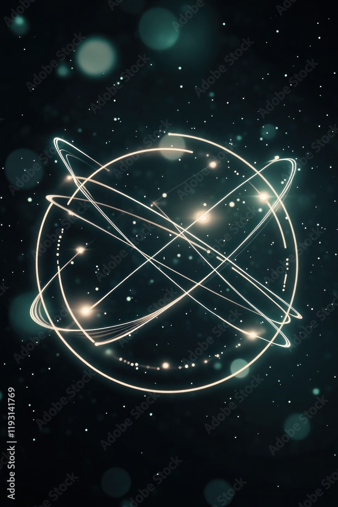 Wall mural abstract light trails orbiting a central sphere in dark space