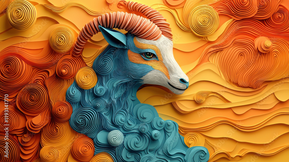 Poster colorful 3d capricorn zodiac goat with vibrant clay textures and swirling patterns. this artistic re