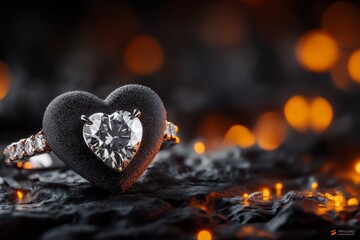 Fototapeta premium A hyper-realistic close-up of a velvet heart-shaped box with intricate textures, revealing a sparkling diamond ring inside under warm lighting