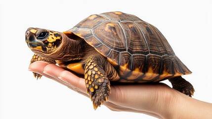 Obraz premium Tortoise Resting on Human Hand Against White Background - Educational Wildlife Image