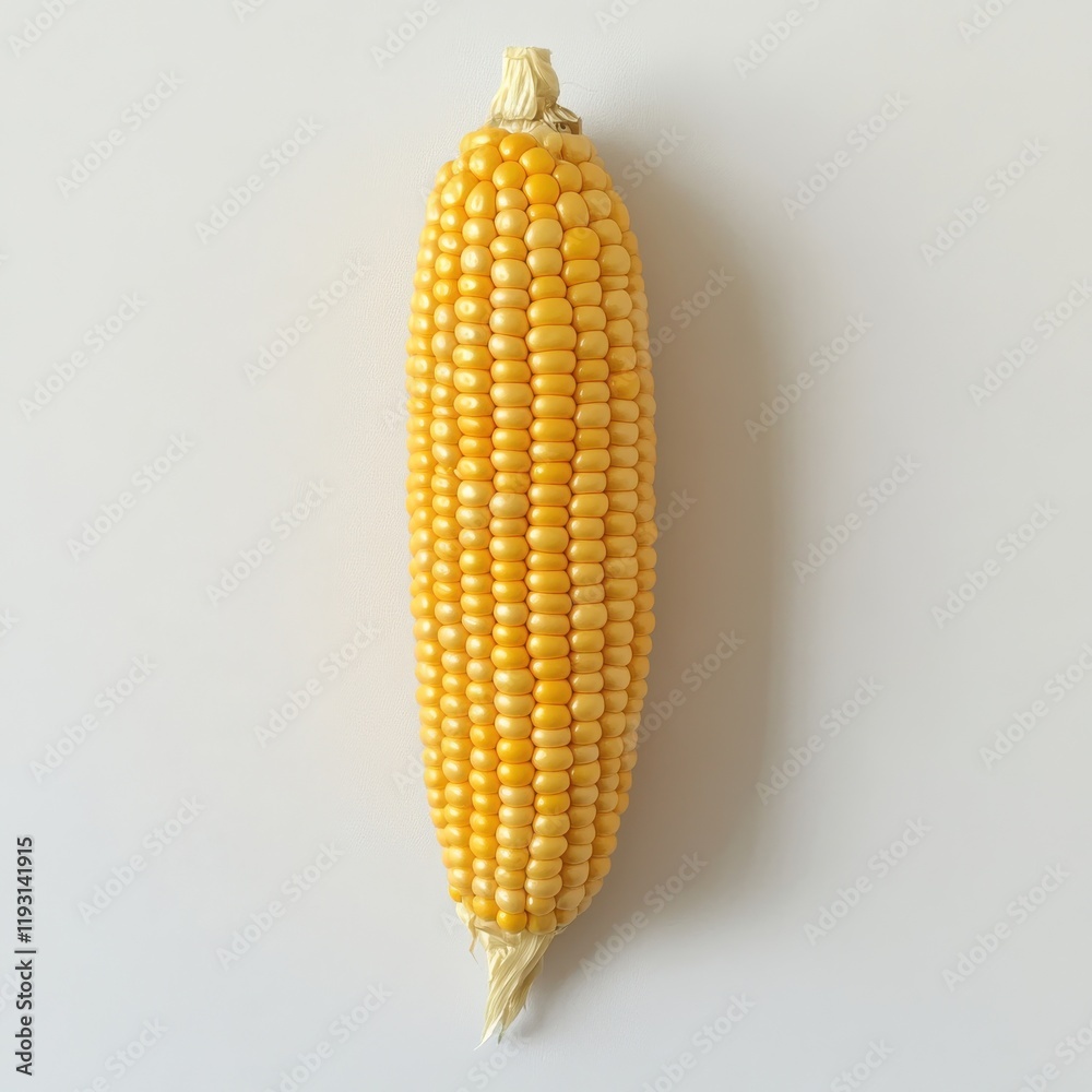 Poster fresh corn cob with vibrant yellow kernels displayed against a plain white background
