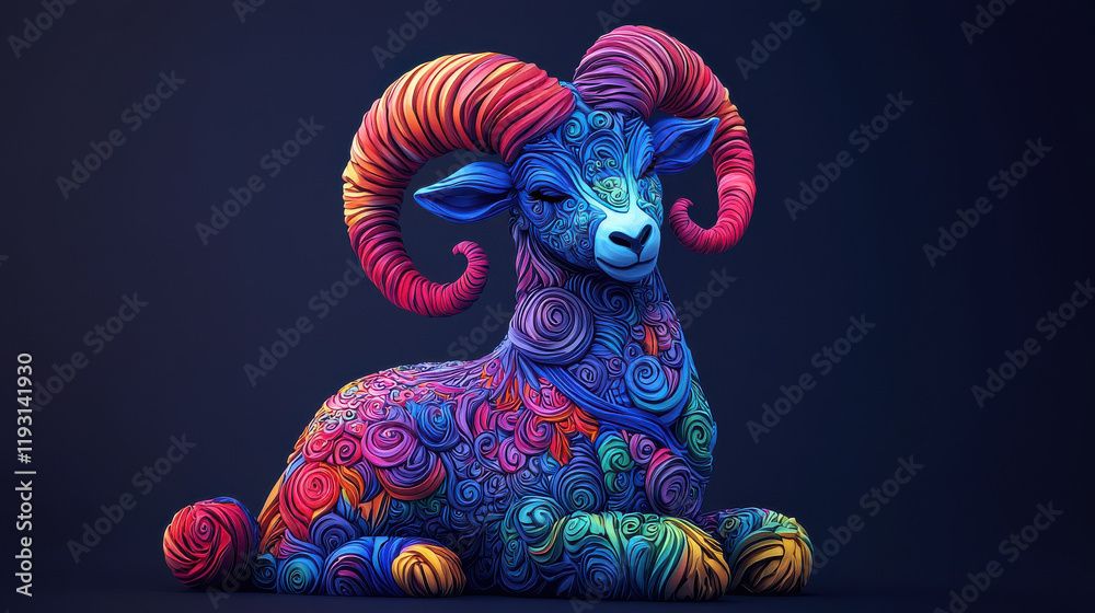 Poster colorful 3d capricorn zodiac goat with vibrant clay texture, showcasing intricate swirls and pattern