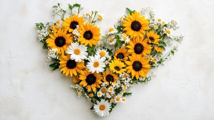 Colorful heart-shaped arrangement of sunflowers and daisies against a light background