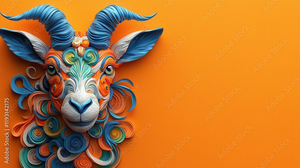 Poster intricate 3d design of goat representing capricorn with vibrant colors and swirls, set against brigh