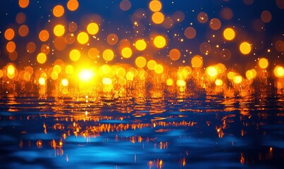 Golden bokeh lights reflected in rippling dark blue water at night