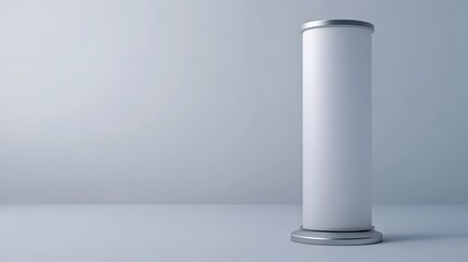 Tall White Cylinder on Silver Base Against a Gray Background