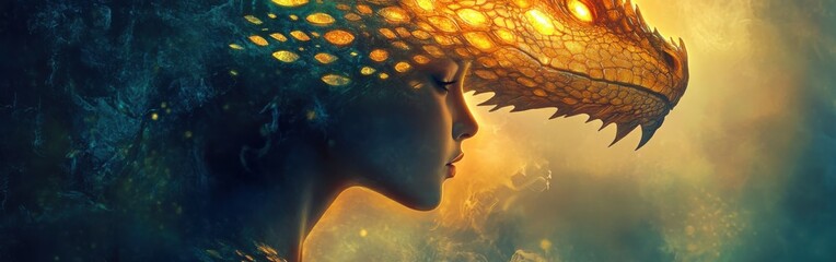 Woman with radiant dragon scales exuding strength and mythical allure in a serene portrait