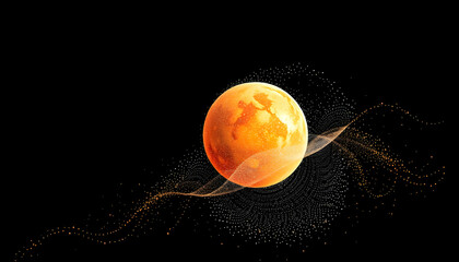 Abstract particle. Crop photo. Golden, orange planet inside the white veilted one, created of dots. Total black dackdrop. Little white dots on the background. Sphere, asian style
