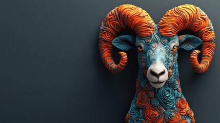 Obraz premium vibrant 3D illustration of goat with intricate patterns, symbolizing Capricorn zodiac. colorful design features swirling textures and bold colors, creating striking visual impact