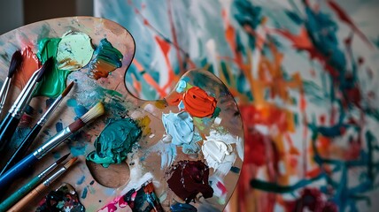 Fototapeta premium Close-up of a paint-smeared artist’s palette with vibrant red, teal, orange, and yellow hues. Scattered brushes and blurred background of an abstract painting evoke