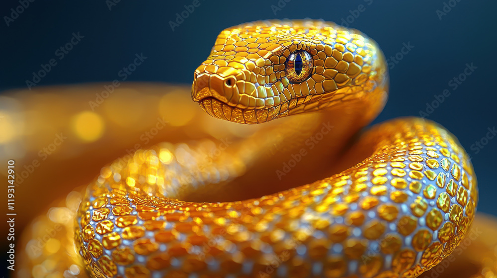 Poster stunning golden snake with intricate textures, symbolizing zodiac sign. its shimmering scales reflec