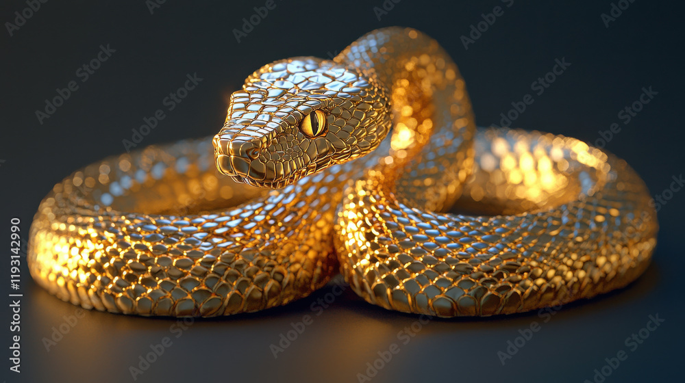 Poster 3d golden snake symbolizing snake zodiac, featuring intricate scales and striking design. this artis