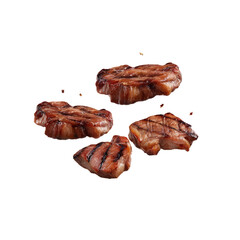 Grilled steak slices: An appetizing shot of several perfectly grilled steak slices, showcasing their charred exterior, juicy interior, and delectable presentation. 