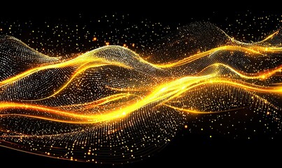 Golden particles wave on black background, ideal for luxury, digital art