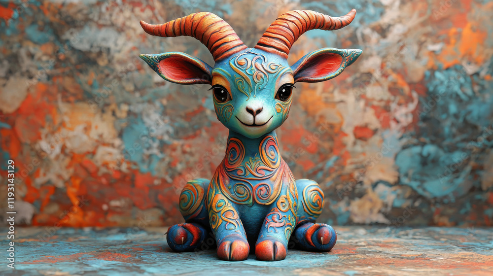 Aufkleber colorful 3D illustration of cute goat with intricate patterns, representing zodiac sign. goat features vibrant swirls and charming expression against textured background
