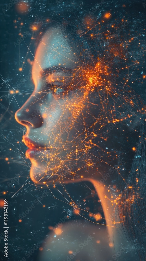 Poster Serene woman's face merging with radiant digital networks symbolizing modern connectivity and technology's impact on humanity
