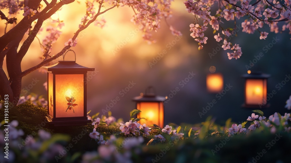 Poster glowing lanterns among spring flowers create a tranquil atmosphere in a serene garden at dusk