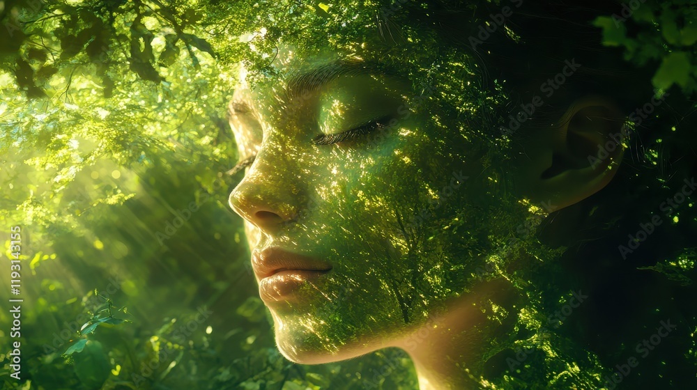 Poster serene portrayal of a woman's face blending with glowing green forests and soft light filtering thro