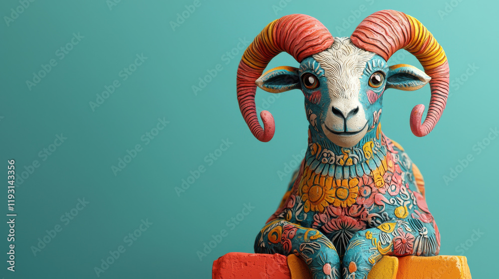 Poster colorful 3d illustration of goat with intricate patterns and vibrant colors, representing zodiac sig