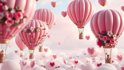 Pastel hot air balloons with floral decor background
