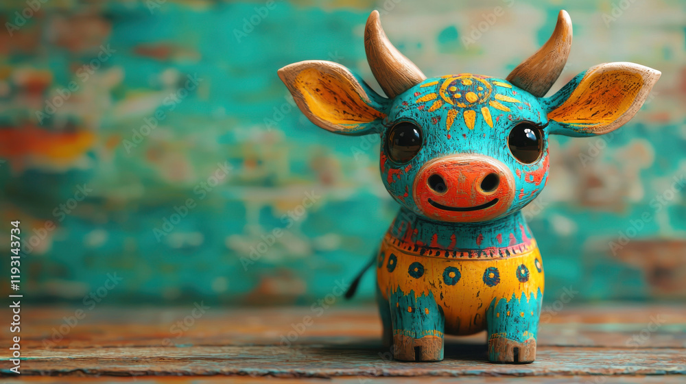 Poster colorful decorative ox figurine with intricate patterns and cheerful expression, symbolizing zodiac 