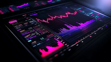 Modern digital interface displaying vibrant stock market data and analytics in a dark setting