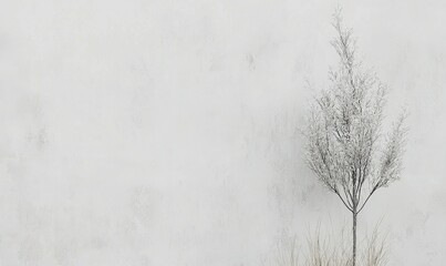 Fototapeta premium Lone frosted tree against a textured white wall in winter. Minimalist nature scene