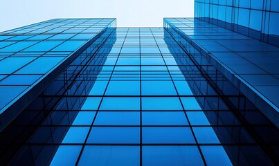 Obraz premium Low angle view of modern blue glass skyscrapers against sky, ideal for business or architecture themes