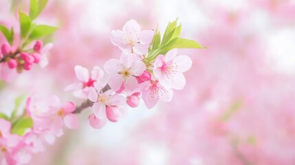Obraz premium Close-up of blossoming pink cherry blossom flowers on a branch, with soft focus background of delicate pink blooms