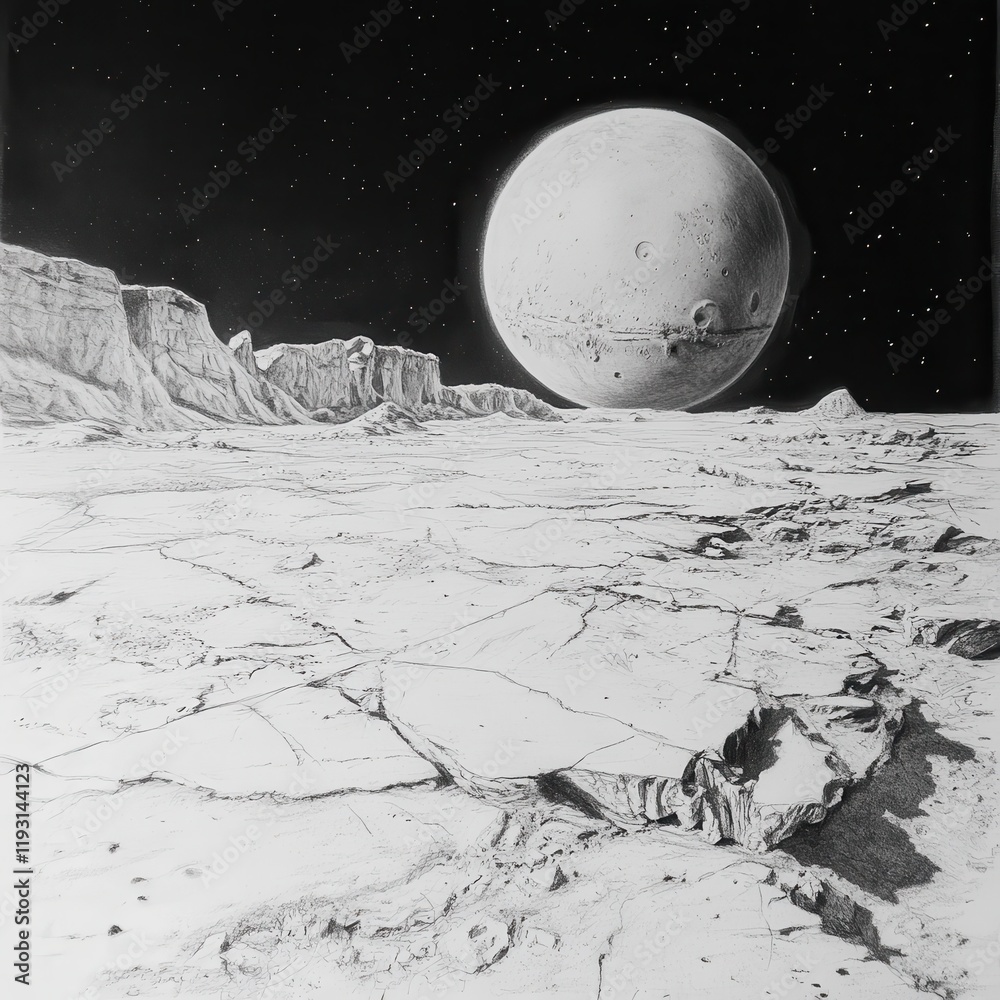 Poster Detailed pencil rendering of Mars showcasing polar ice caps and unique surface textures in a cosmic landscape
