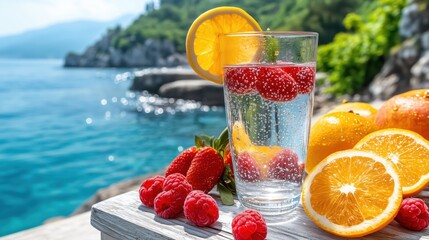Refreshing summer drink with raspberries and oranges by the seaside in bright sunlight