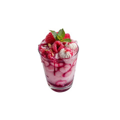 Raspberry Dessert: A delectable dessert with layers of sweet raspberries, creamy textures, and refreshing mint leaves, creating a visual and culinary delight.