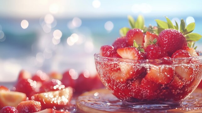 Fresh strawberries in a sparkling bowl beside the ocean during a sunny day at the beach
