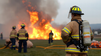 Firefighter in a rigorous training session, practicing emergency response tactics with fire simulation, emphasizing preparedness
