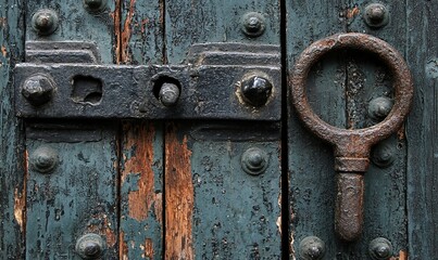 Old wooden door with rusty metal lock and handle, weathered and worn, security concept