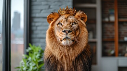 Majestic lion wearing a golden crown indoors.