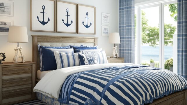 Nautical-themed bedroom featuring anchor decor and blue-and-white bedding for a serene coastal atmosphere