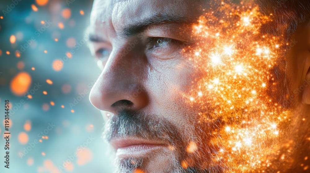 Aufkleber mystical portrait of a man with supernovas illuminating his calm expression at twilight